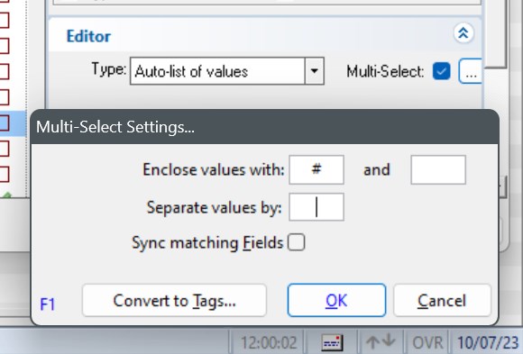 manage fields dialog multi-select options