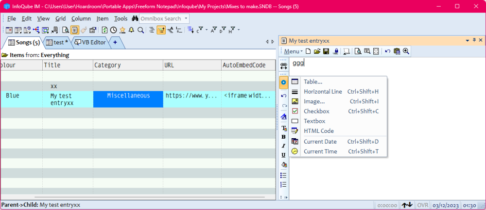 infoqube showing sample entries