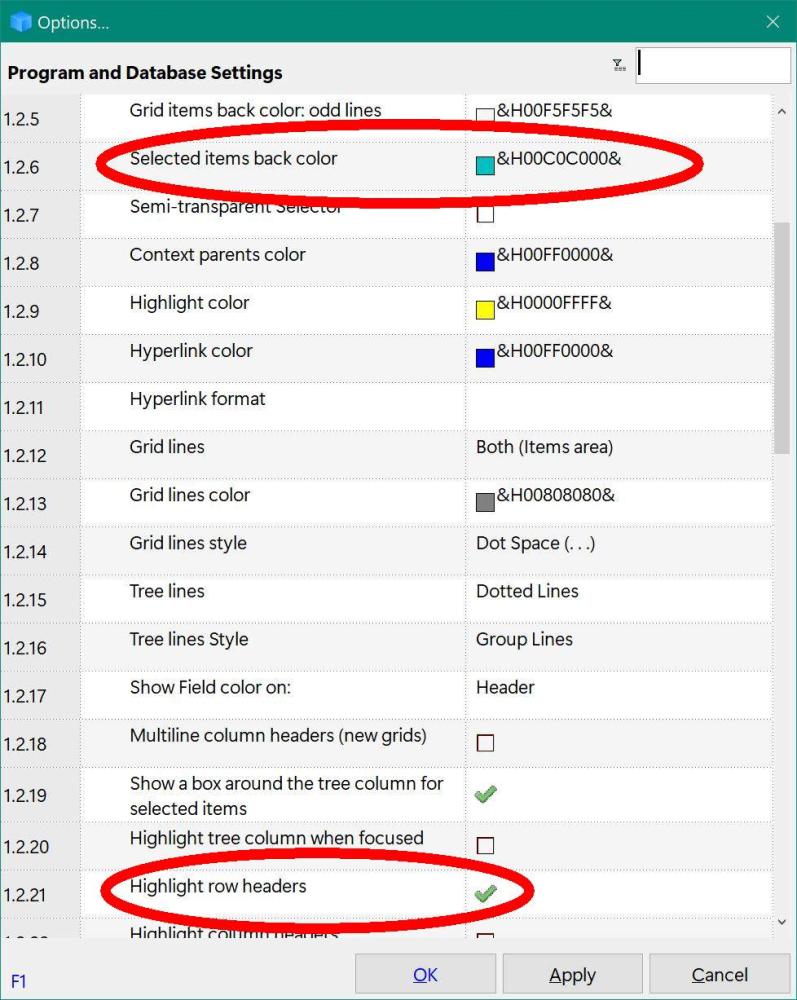 Options for row headers highlight